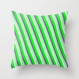 [ Thumbnail: Dark Orchid, Green, Light Cyan & Lime Colored Lined Pattern Throw Pillow ]