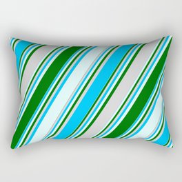 [ Thumbnail: Deep Sky Blue, Light Cyan, Dark Green & Light Gray Colored Lines Pattern Rectangular Pillow ]