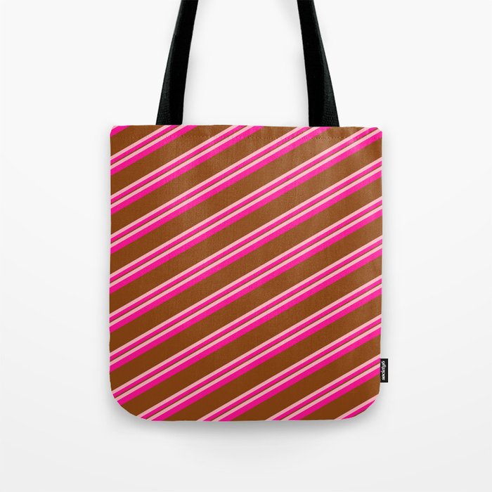 Light Pink, Deep Pink & Brown Colored Lined/Striped Pattern Tote Bag