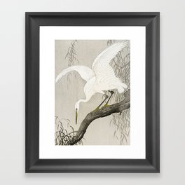 White Heron Sitting On A Tree Branch - Vintage Japanese Woodblock Print Art Framed Art Print