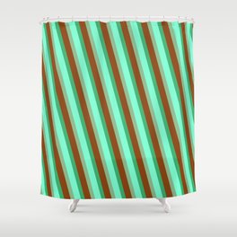 [ Thumbnail: Brown, Sea Green, Aquamarine, and Dark Sea Green Colored Lined Pattern Shower Curtain ]