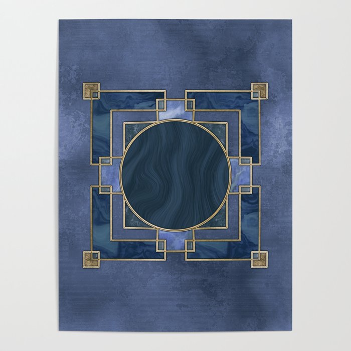 Stained Glas Art Deco Design Navy Blue And Gold Poster