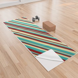 [ Thumbnail: Pale Goldenrod, Light Sea Green, and Dark Red Colored Striped Pattern Yoga Towel ]
