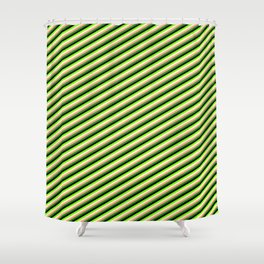 [ Thumbnail: Vibrant Green, Light Yellow, Light Salmon, Forest Green, and Black Colored Lines/Stripes Pattern Shower Curtain ]