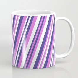 [ Thumbnail: Dark Slate Blue, Orchid, and Mint Cream Colored Pattern of Stripes Coffee Mug ]