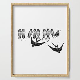 Vintage birds perched on a wire Serving Tray