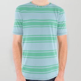 [ Thumbnail: Light Blue & Aquamarine Colored Lines/Stripes Pattern All Over Graphic Tee ]