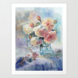 Elegant Yellow Roses and Seashells Art Print