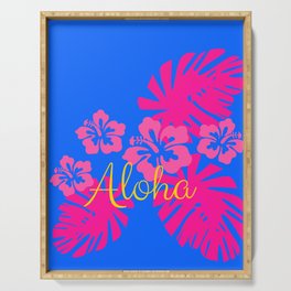 Aloha! with Lush Bright Pink Tropical Leaves, Flowers, and Blue Skies  Serving Tray