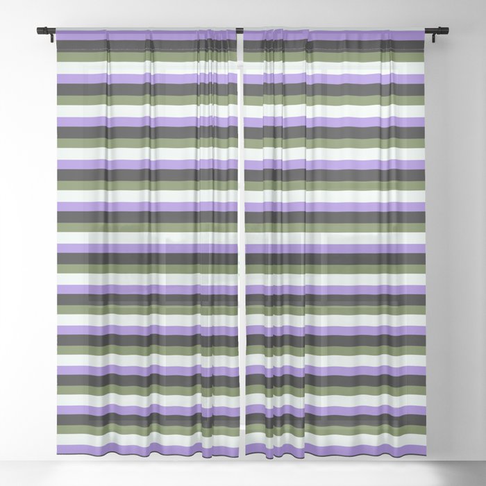 Eyecatching Purple, Black, Dark Olive Green & Mint Cream Pattern of Stripes Sheer Curtain