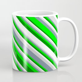 [ Thumbnail: Eyecatching Light Gray, Light Slate Gray, Lime, Green, and White Colored Striped Pattern Coffee Mug ]