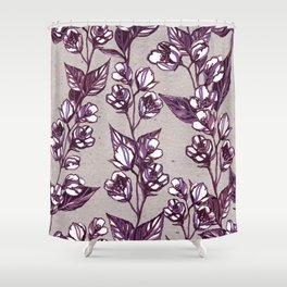 Botanical pattern of jasmine sprigs and flowers Burgundy and purple hand-drawn illustrations of ink on textured paper Shower Curtain