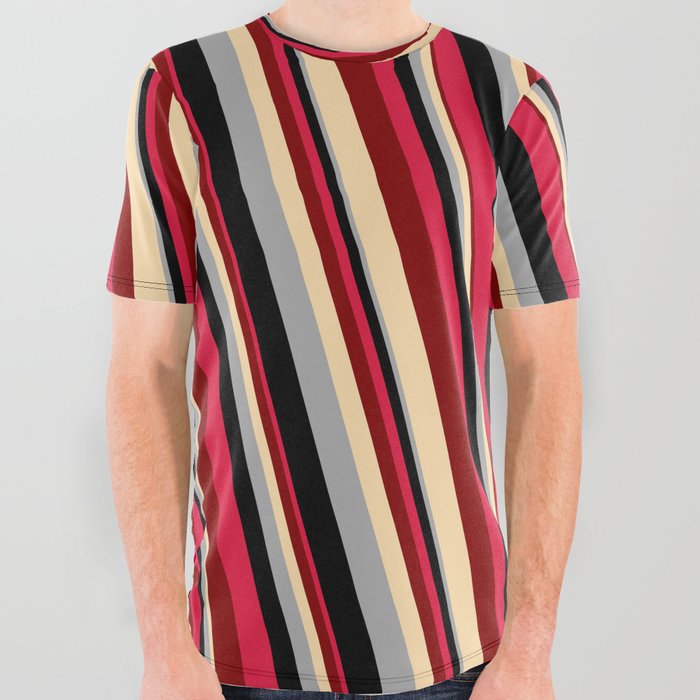 Eye-catching Crimson, Maroon, Tan, Dark Gray, and Black Colored Lines/Stripes Pattern All Over Graphic Tee