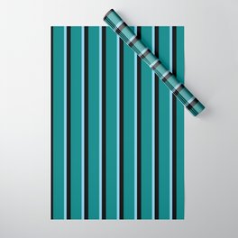 [ Thumbnail: Sky Blue, Teal, and Black Colored Striped/Lined Pattern Wrapping Paper ]