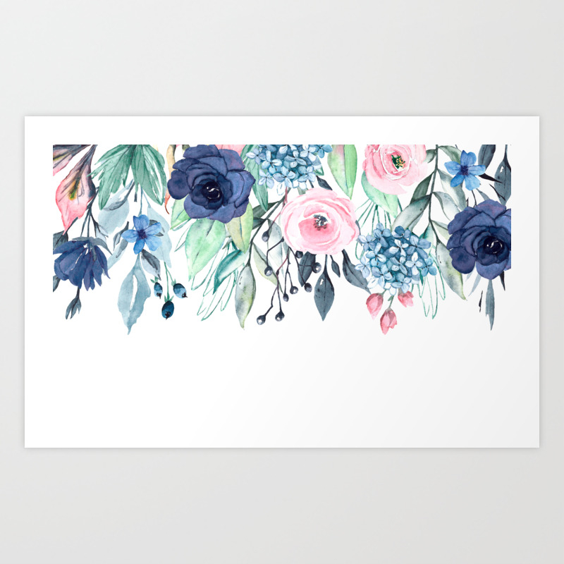 Blue And Pink Watercolor Flowers Art Print By Alex Society6