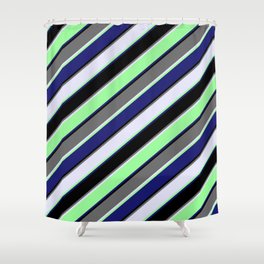 [ Thumbnail: Colorful Dim Gray, Lavender, Green, Midnight Blue & Black Colored Striped/Lined Pattern Shower Curtain ]