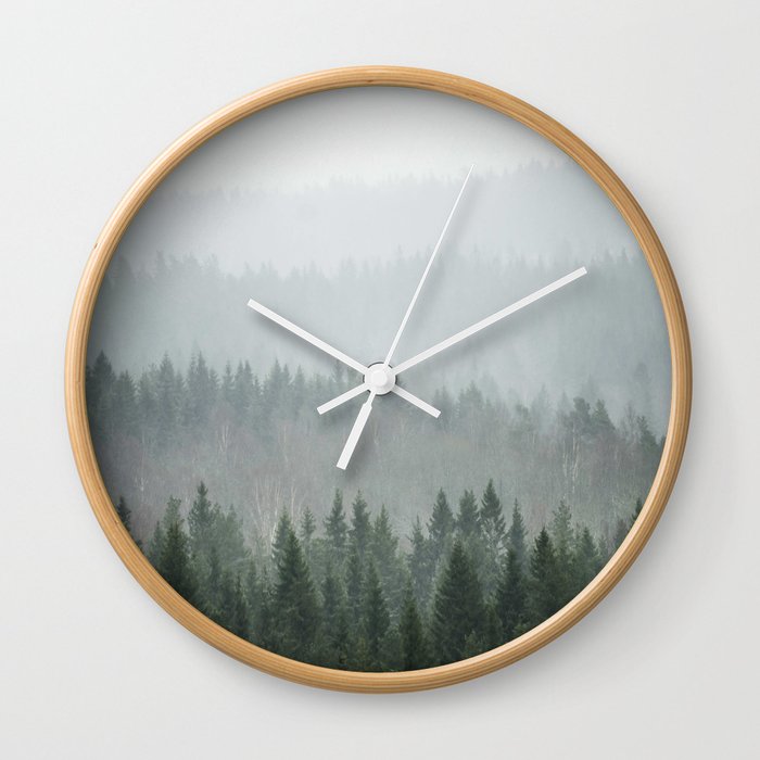 Parallax Monochromatic Misty Pine Forest Landscape Photo Wall Clock