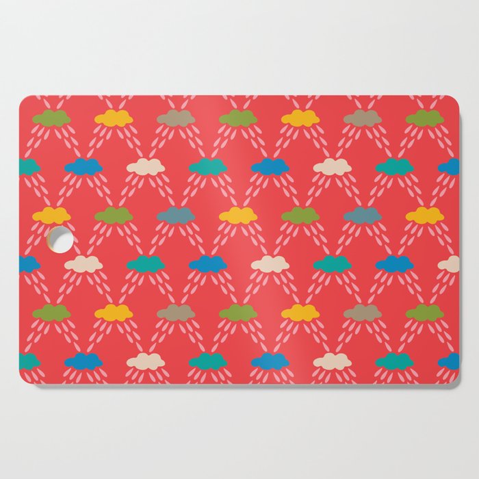 CLOUDBURST in BRIGHT RAINBOW MULTI-COLORS ON RED Rain Clouds Outdoors Weather Cutting Board