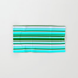 [ Thumbnail: Cyan, Dark Green & Lavender Colored Lined/Striped Pattern Hand & Bath Towel ]