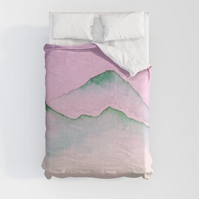 Green Top Mountain Range With Pink Sky Comforter