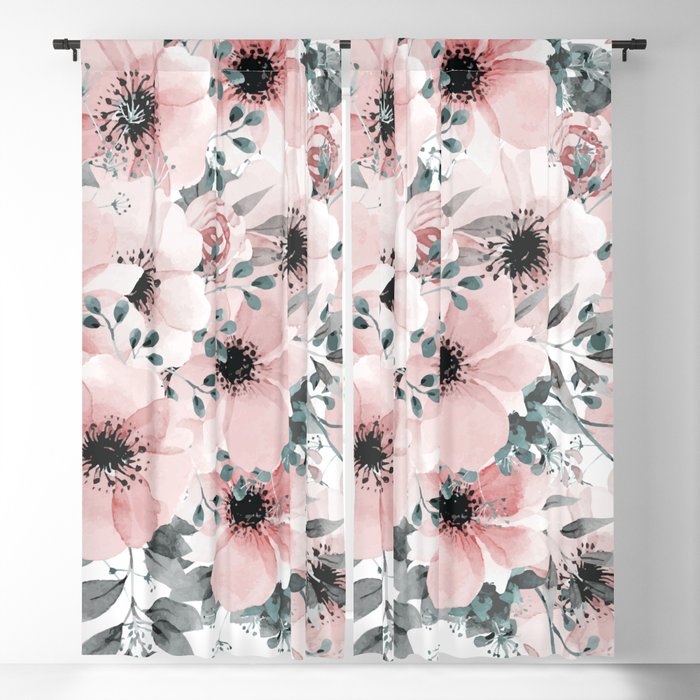 Flower Watercolor, Blush Pink and Gray, Floral Prints Blackout Curtain