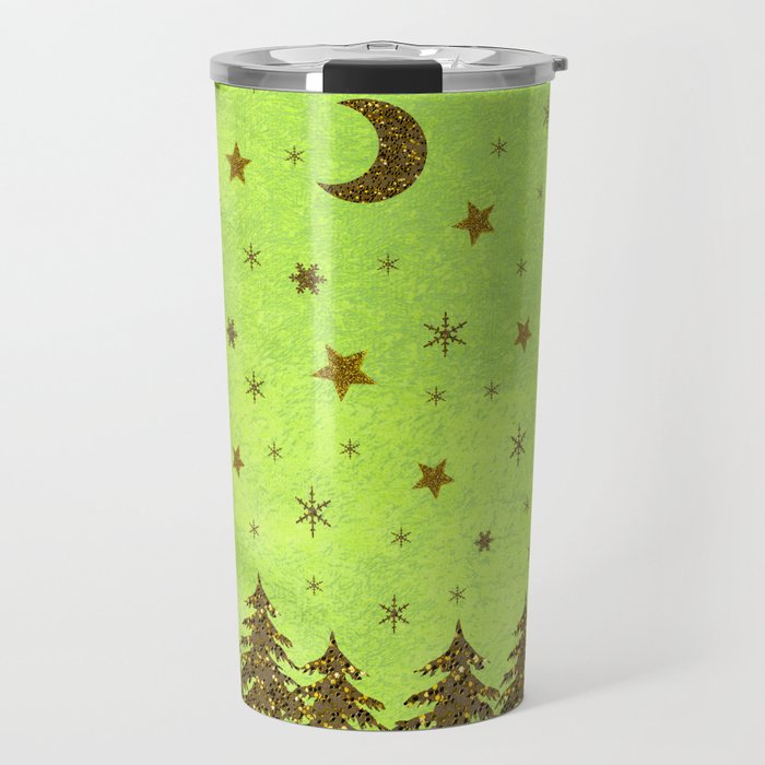 Sparkly Christmas tree, stars, moon on abstract green paper Travel Mug