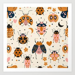 Cute colorful doodle bugs on beige background, pattern Art Print