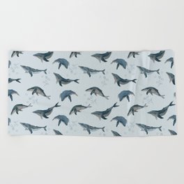 seamless pattern of whales in blue with gray colors Beach Towel