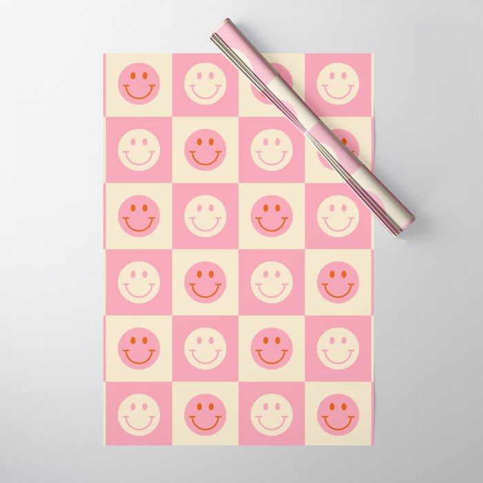 70s Retro Smiley Face Tile Pattern in Pink & Beige Wrapping Paper