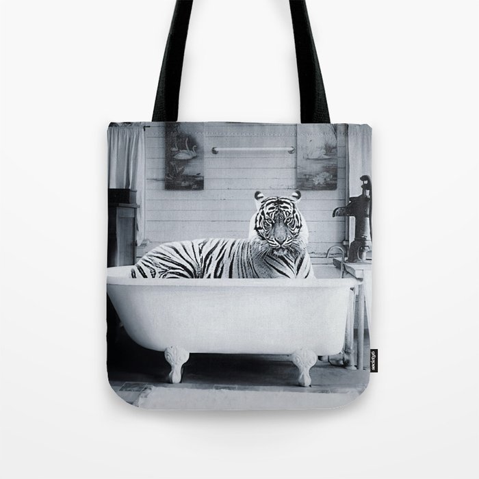 Eye of the Tiger in a vintage claw foot rustic bathtub black and white photograph / photograhy Tote Bag