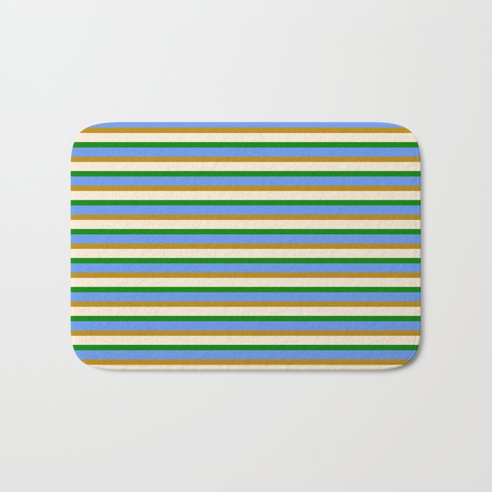 Eye-catching Beige, Green, Cornflower Blue & Dark Goldenrod Lined/Striped Pattern Bath Mat
