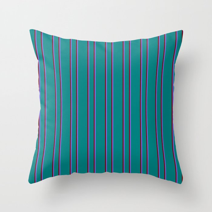 Teal, Maroon & Medium Slate Blue Colored Lined/Striped Pattern Throw Pillow