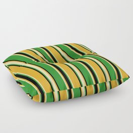 [ Thumbnail: Goldenrod, Tan, Forest Green, and Black Colored Striped/Lined Pattern Floor Pillow ]