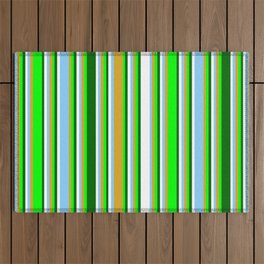 [ Thumbnail: Eyecatching Lime, Goldenrod, Light Sky Blue, White, and Dark Green Colored Pattern of Stripes Outdoor Rug ]