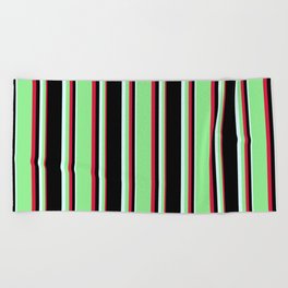 [ Thumbnail: Crimson, Light Green, Light Cyan, and Black Colored Pattern of Stripes Beach Towel ]