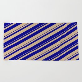 [ Thumbnail: Tan & Dark Blue Colored Stripes/Lines Pattern Beach Towel ]