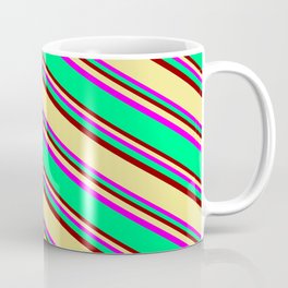 [ Thumbnail: Fuchsia, Green, Dark Red & Tan Colored Lines Pattern Coffee Mug ]