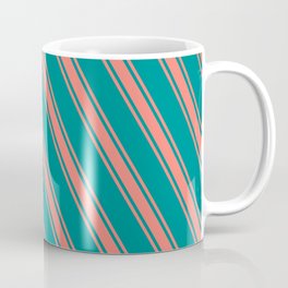 [ Thumbnail: Dark Cyan & Salmon Colored Stripes Pattern Coffee Mug ]