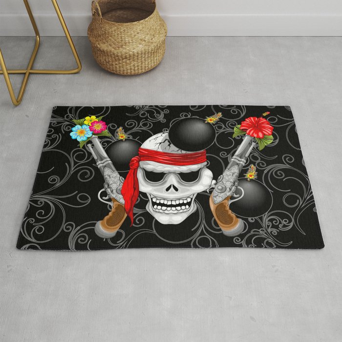 Pirate Skull, Ancient Guns, Flowers and Cannonballs Rug