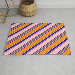 [ Thumbnail: Pink, Blue, Dark Orange, and Dim Gray Colored Pattern of Stripes Rug ]