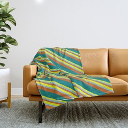 [ Thumbnail: Yellow, Light Sky Blue, Chocolate & Teal Colored Pattern of Stripes Throw Blanket ]