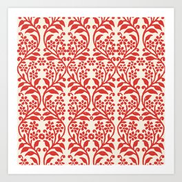 Holiday Block Print, Vintage Vine in Red on Cream (Part of a Set of 3) Art Print