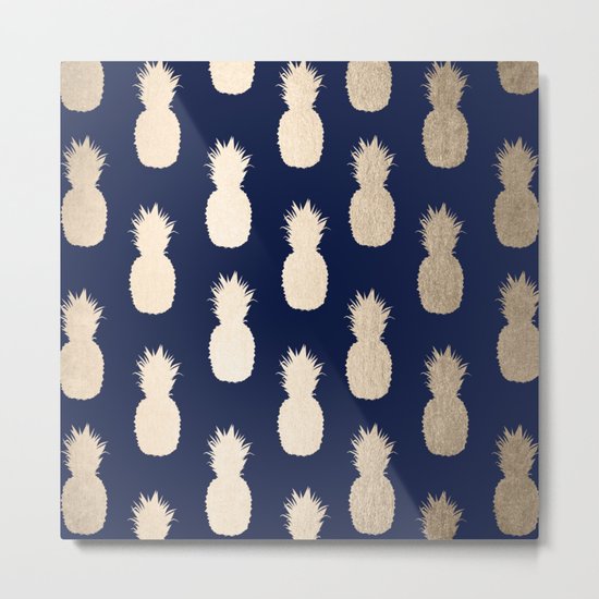 Gold Pineapple Pattern Navy Blue Metal Print