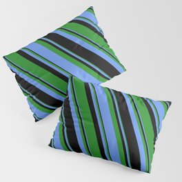 [ Thumbnail: Forest Green, Cornflower Blue & Black Colored Lines Pattern Pillow Sham ]