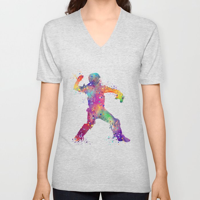 Baseball Player Softball Catcher Colorful Watercolor Sports Artwork V Neck T Shirt