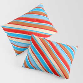 [ Thumbnail: Vibrant Deep Sky Blue, Light Sky Blue, Chocolate, Red & Bisque Colored Striped/Lined Pattern Pillow Sham ]