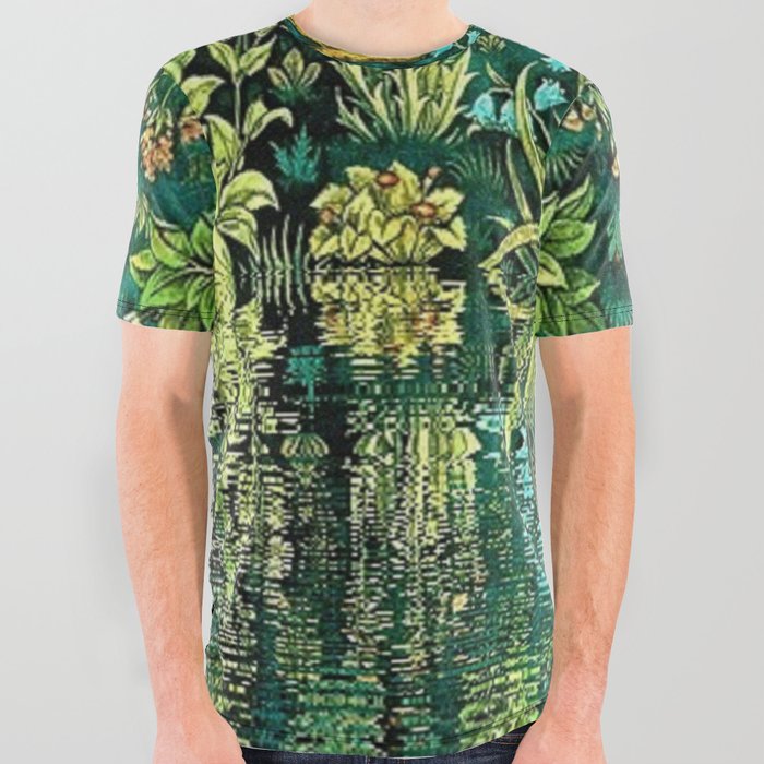 Tree of Life reflecting water of garden lily pond emerald twilight rainforest river nature landscape painting All Over Graphic Tee