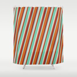 [ Thumbnail: Aquamarine, Light Grey, Chocolate & Brown Colored Striped/Lined Pattern Shower Curtain ]