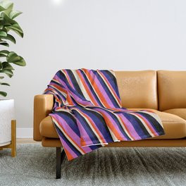 [ Thumbnail: Vibrant Midnight Blue, Orchid, Red, Beige & Black Colored Striped/Lined Pattern Throw Blanket ]