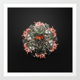 Vintage Fritillaries Flower Wreath on Wrought Iron Black Art Print